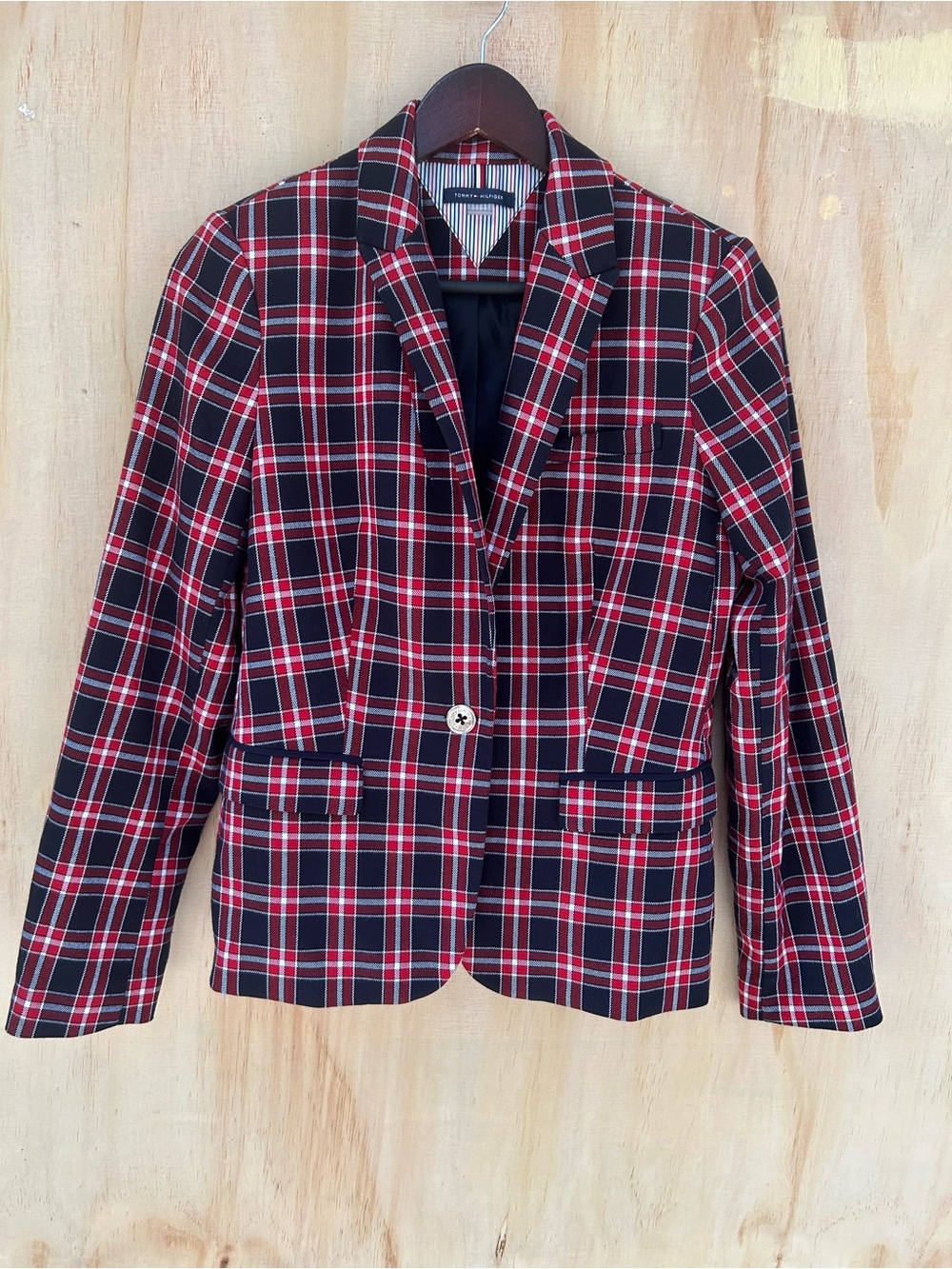 Tommy Hilfiger Red and Black Plaid Tailored Blazer